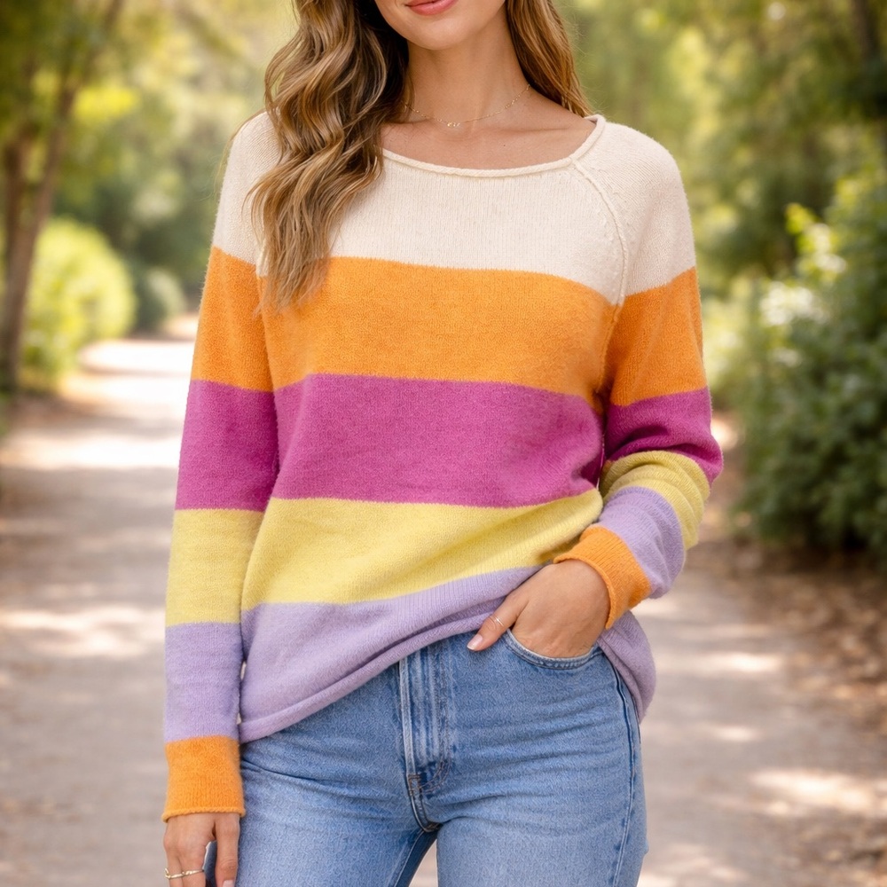 Incashmere Womens striped 100% Cashmere Sweater‎ Large